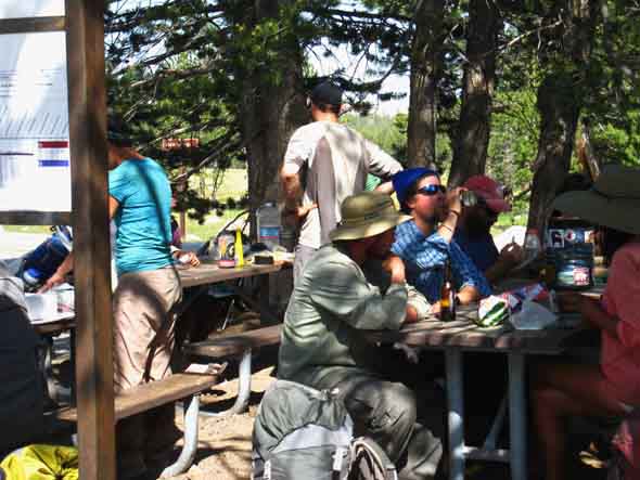 Backpackers resupply, rest, recharging at Tuolumne Meadows, Yosemite.